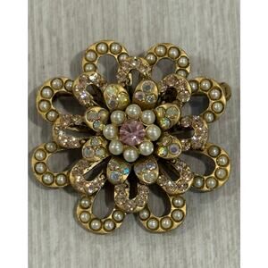Vintage Lee Angel Brooch Matte Gold Tone Pearl Aurora Borealis Rhinestone